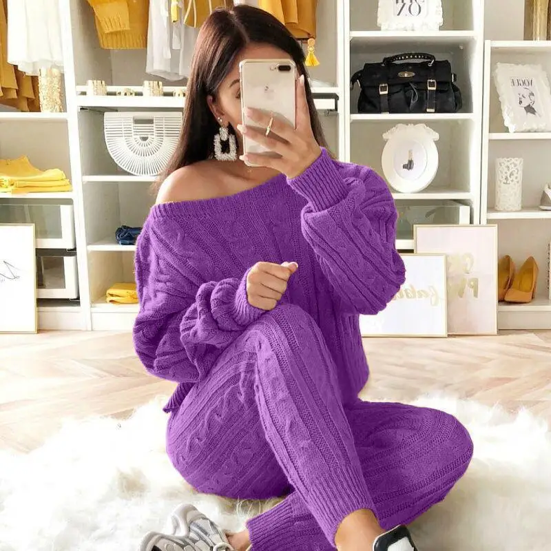 

Womens Multi-color Sweater Suit Womens Knitted Sweater Suits Sweater Set 2020 2 Piece Pullovers Autumn Computer Knitted Long