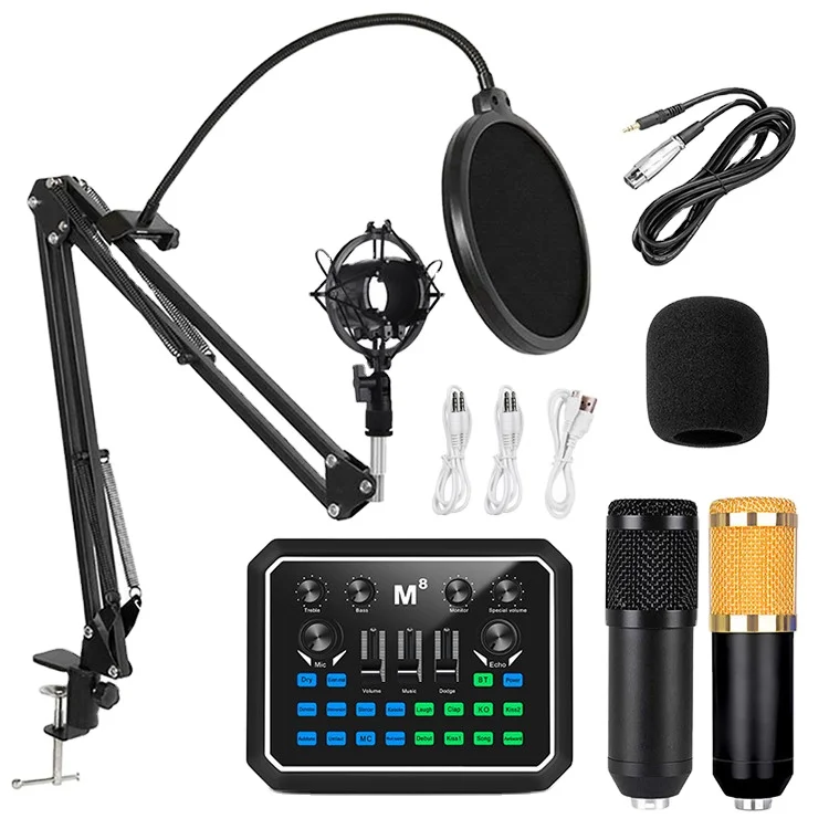 

Wholesale Professional Condenser recording equipment Microphone with arm stand Sound Card set for YouTube live podcast