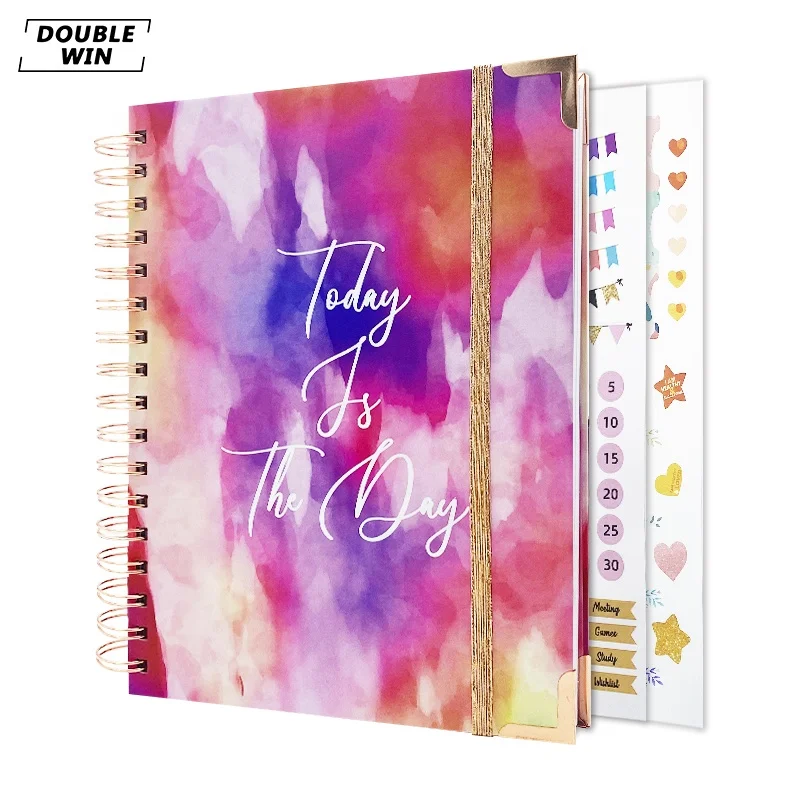 

2024 Wholesale Custom Printing Spiral Weekly Daily Notebook Pink Goal Planner with Stickers