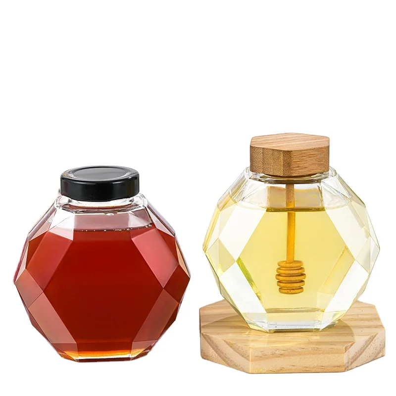 

New Design 13 fl.oz/500g Crystal hexagon Six-sided diamond Shape Glass Honey Jar bottle with Wooden Stick, Transparent