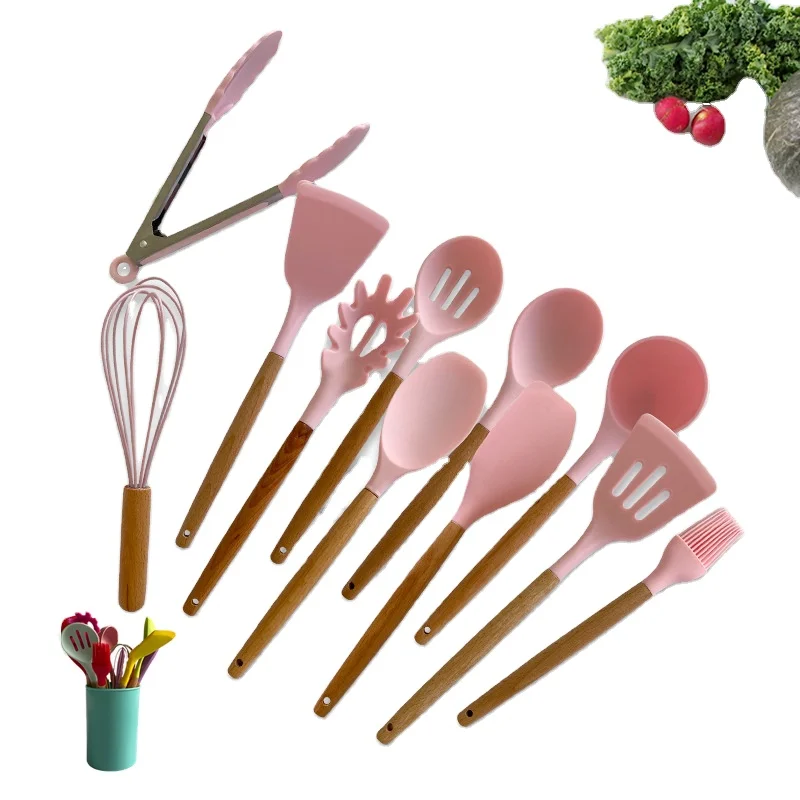 

12Pcs( Including barrel) silicone kitchen Heat resistant Wood Handle Cooking Tools utensil set