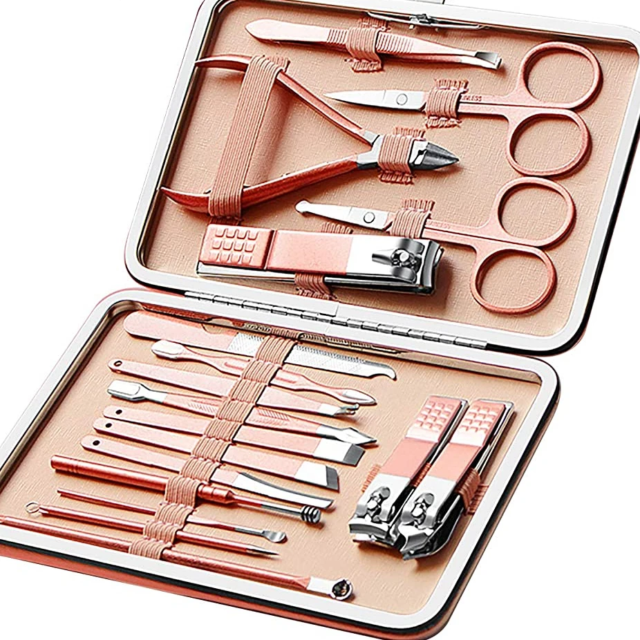 

Manicure Pedicure set,Grooming Kit-Stainless Steel Sharp Splash Proof Nail Clippers Set 18 in 1 Travel case-Facial and Nail Care, Rose gold