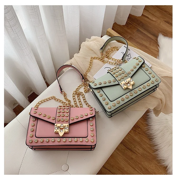 

new arrival Solid Color Simple Shoulder Messenger Bag Leather rivet crystal handbags leather purse for woman, Customizable