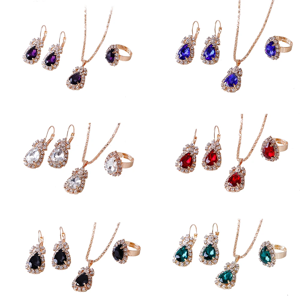 

collares y aretes para negocio african Water Drop Rhinestone Necklace Earrings Ring Zircon ladies wedding bridal jewelry sets