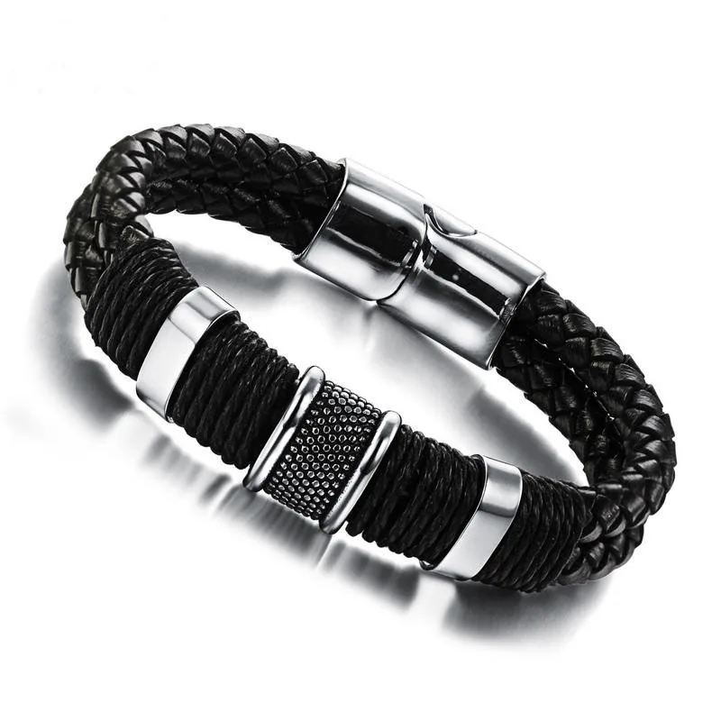 

Stocks Sell Men's Leather Wristband With Magnetic Clasp Stainless Steel Bracelet Accept MOQ only 6pcs per color Fashion Jewelry