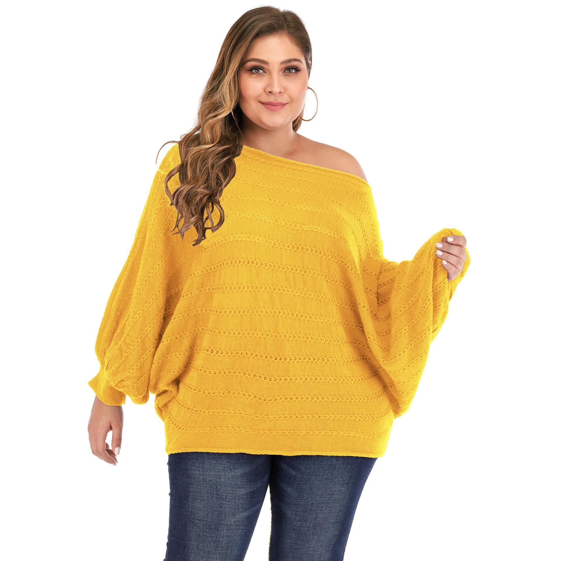 

Plus Size Women's clothes Loose Bat Sleeve Off Shoulder Irregular sexy Knit Sweater ladies casual blouse