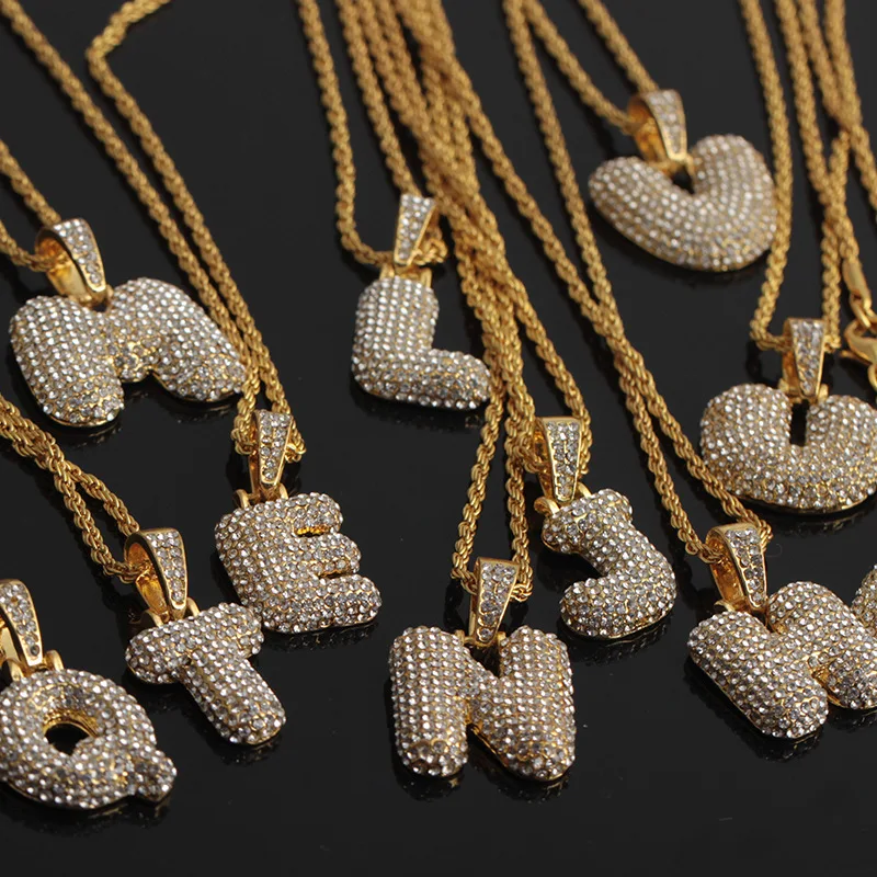 

Hip Hop Gold 14k Bling Rhinestone Diamond Baguette Intial Alphabet Letter Name Pendant Statement Necklace Iced Out Women