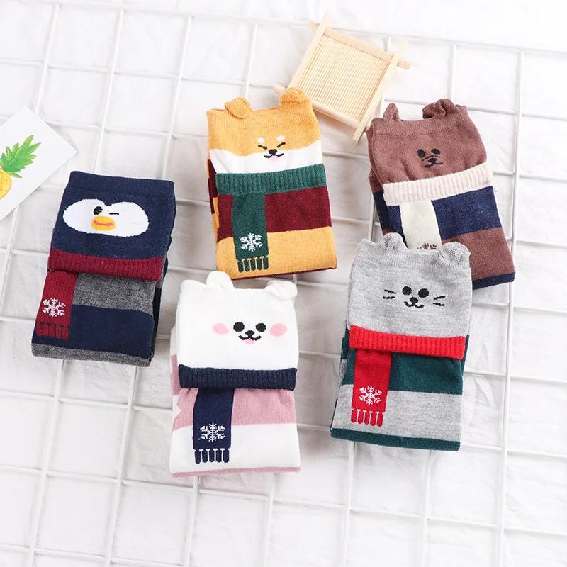 

WIIPU New girl kawaii 3D cartoon animal striped socks cute panda and penguin pattern socks autumn and winter warm socks