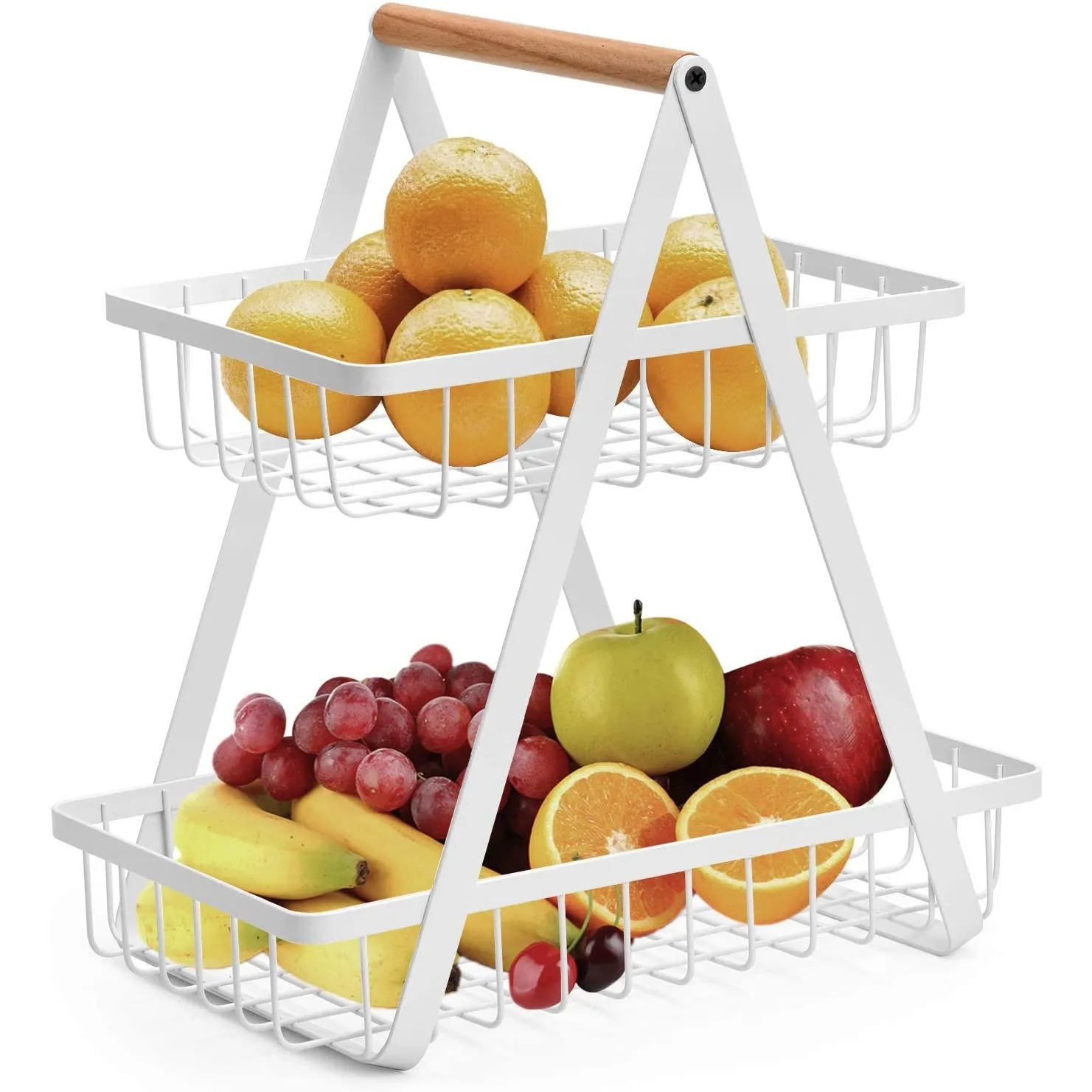 

E104 Detachable Iron Wire Fruit Organizer Storage Basket Vegetable Wood Handle Basket Stand Type 2 Tier Countertop Wire Basket, Black