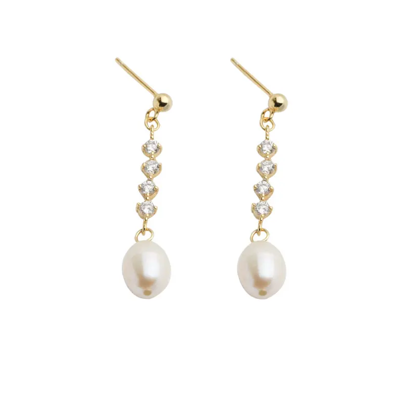 

Gold Plated Fashion 925 Silver Stud Earrings Pave Setting CZ Earrings With Pearl