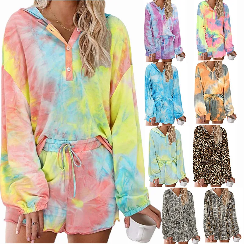 

Custom Long Sleeve Tops Drawstring Print Tie Dye Hoodie Pajamas Set Women Nightwear Sleepwear