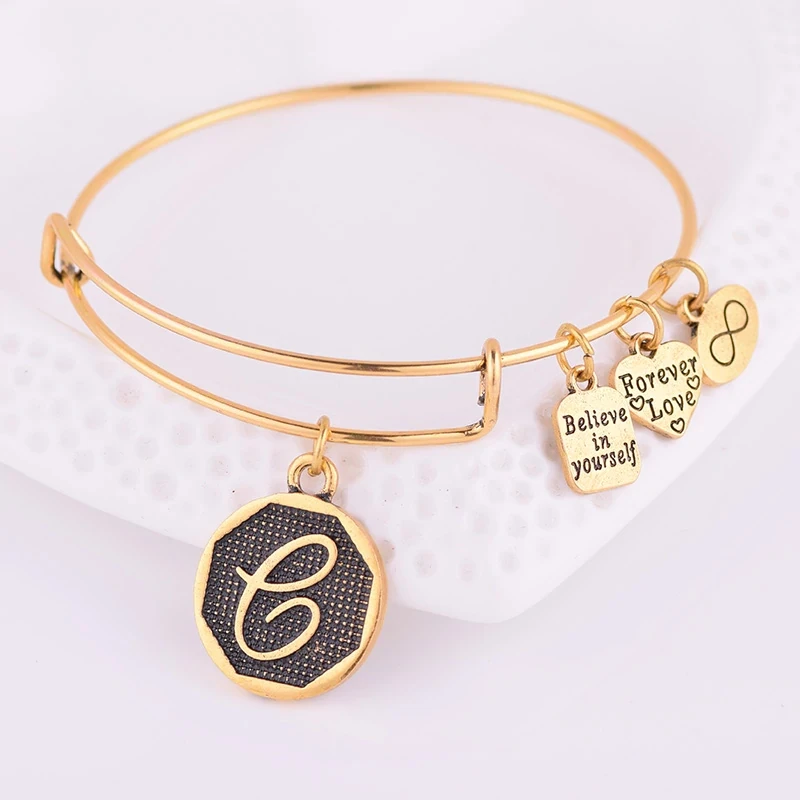 

New Adjustable Stainless Steel Gold Plated Adjustable Charms Bracelets Wire Bangles with A-Z Initial Letter