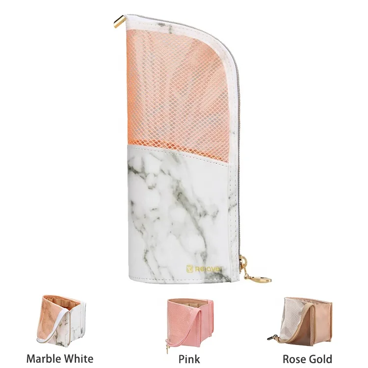 

Relavel Dual Function Travel Large Capacity Stand Up Marble White Small Stationery Bag Makeup Brush Cup Holder
