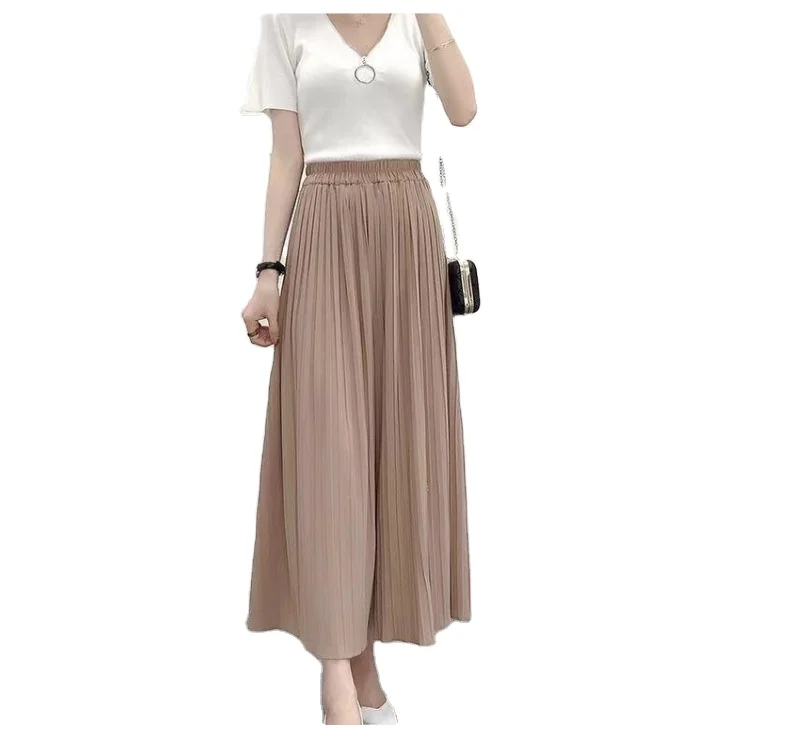 

2024 Summer Chiffon Pants for Women Culottes Ruffles Pleated High Waist cropped Pant Loose Wide Leg Pants
