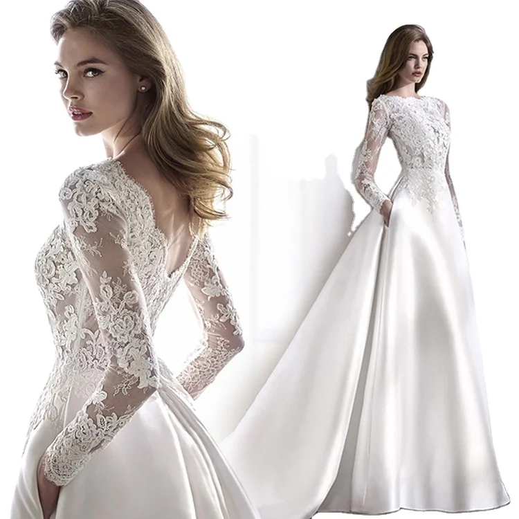 

Wedding Spring Autumn Winter Lace Satin Slimming Fashion Bride Long Sleeve Halter Tail Girl Wedding Dress, White