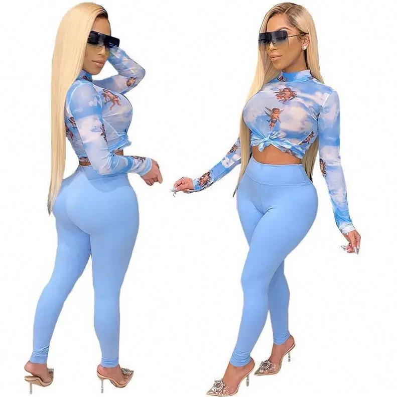 

New arrivals 1688 ready to ship fashion summer boutique 2 piece set women clothing printed long sleeve clothing set, 7 colors