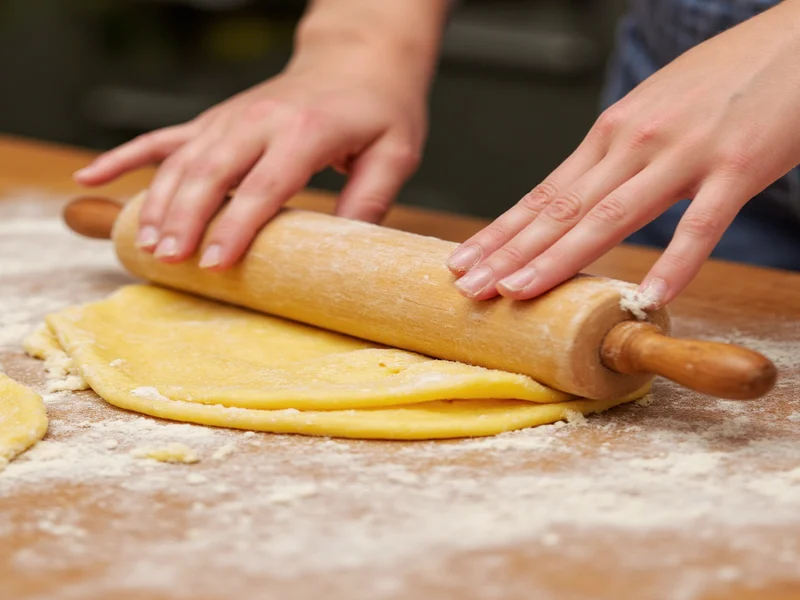 Hand rolling pasta dough with wooden rolling pin