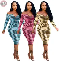 

9082916 new sexy off shoulder striped knitted 2020 women fashion casual jumpsuit 2 piece pant set