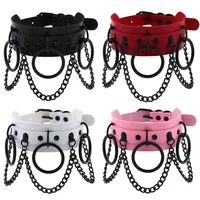 

Woman Man Punk Black Metal Leather Bondage Collar With Large 3 Rings Choker And Chains O Ring BDSM Slave Collar