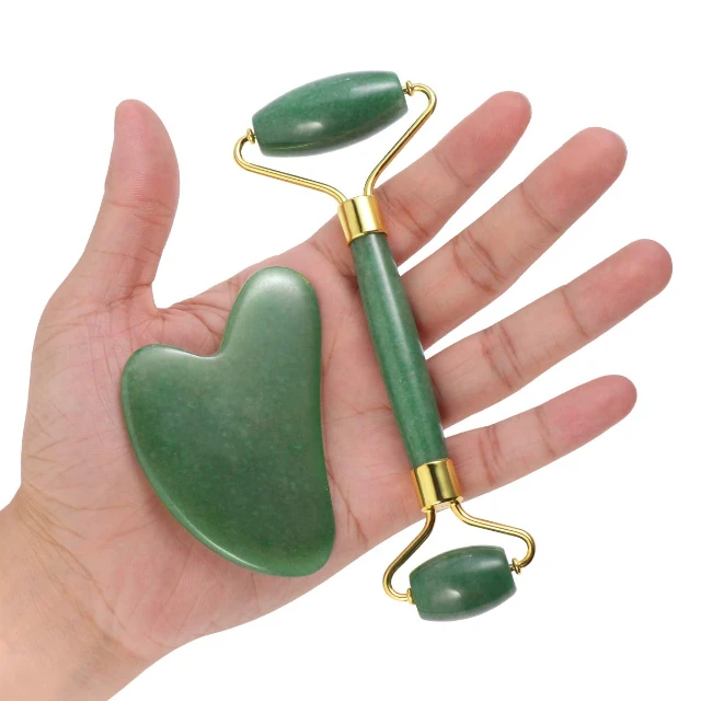 

Hot Sale Amazon 2 Pack Gua Sha Set Roller Massage Tool Green Jade Roller For Face