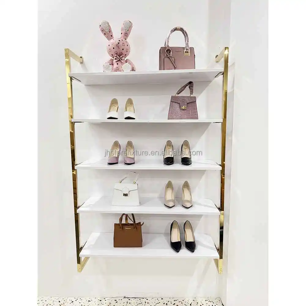 

unique design store wall mounted sneaker Stainless Steel MDF shoes display racks For Five layers