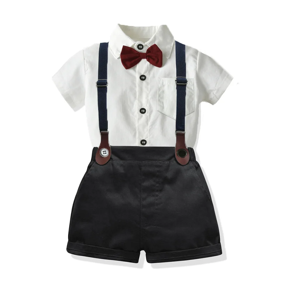 

1032 Newborn Baby Kid Gentleman Suit Clothes Toddler Boys Clothing Sets Cotton Bowtie Solid Shirt +Shorts Birthday Party Outfit, As picture