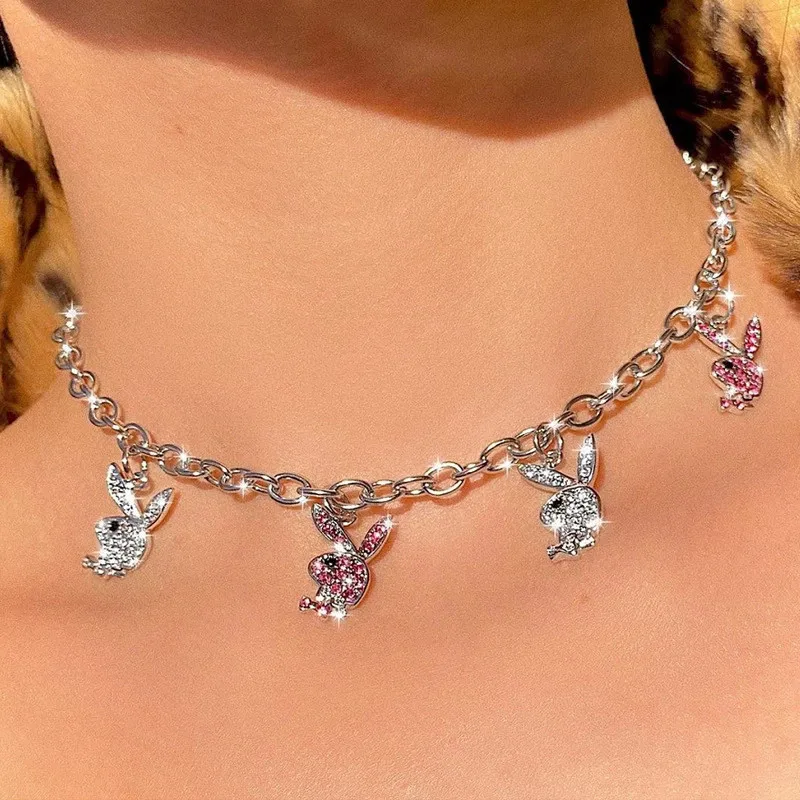 

HongTong Hip Hop Rock Stainless Steel Full Rhinestone Multiple Rabbit Pendant Women Rhinestone Necklace Jewelry