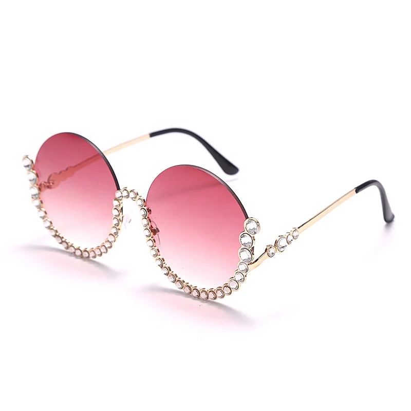 

2021 Women Sun glasses Vintage Oval Round Frames Pink With Bling Rhinestone Luxury Sunglasses For Women