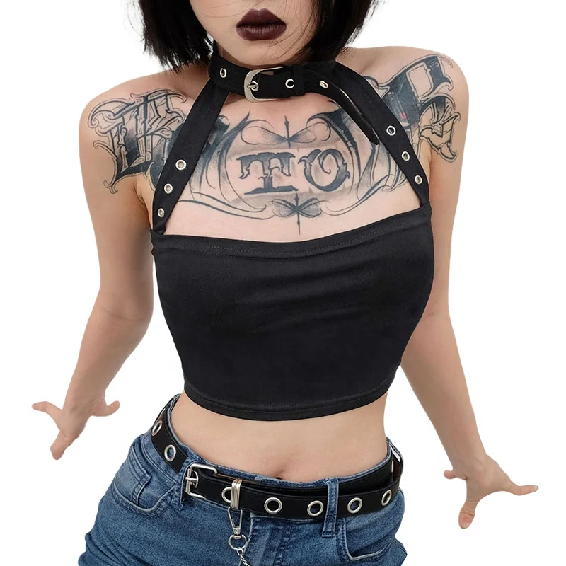 

2022 Style Y2k Aesthetic Black Croptop Women Sexy Crop Top Goth Halter Tops