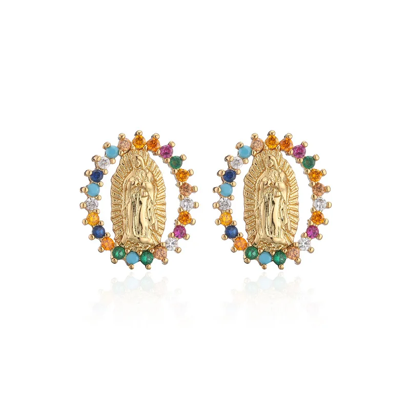 

Religious Jewelry 18k Gold Plated CZ Virgin Mary Stud Earrings Oval Colorful Zircon Mother of Jesus Earrings