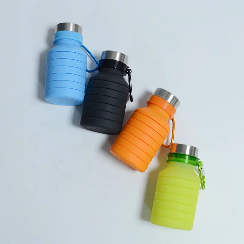

Wholesale BPA free reusable foldable sport silicone collapsible water bottles with custom logo manufacturing, Red, green, black, blue, orange