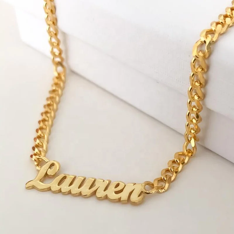 

Cuban Link Chain Custom Initial Name Pendant Choker Necklace Men Women Jewelry Gold Plated Stainless Steek Nameplate Necklace, Silver/gold/rose gold