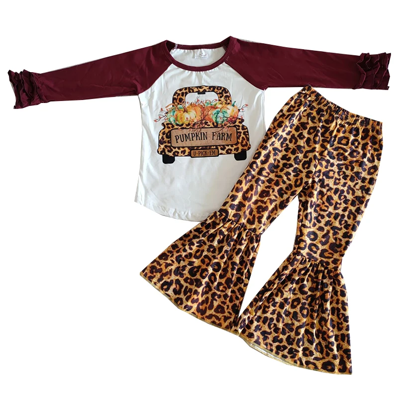 

Wholesale RTS Baby Girl Thanksgiving Clothing Ruffle Sleeves Pumpkin Farm Car Shirt Leopard Bells Pants Set Kid Outfit Clothes, Picture shows