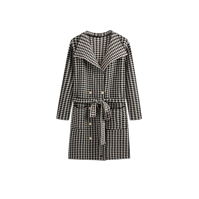

Autumn and winter women's new temperament thousand bird lattice knitted coat