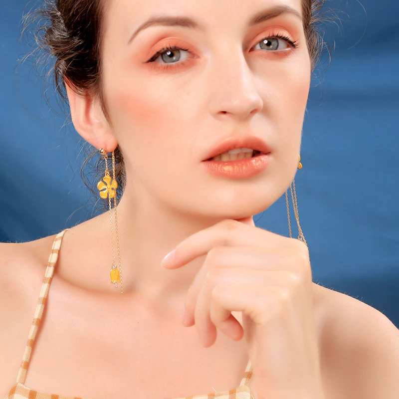 

e971283d Latest Yellow Enamel Acrylic Pearl Drop Jewelry Fashion Chain Long Earrings Hanging For Women 2020 Flower