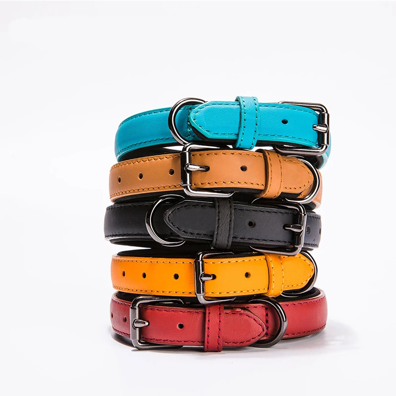 

Linu Genuine Leather Dog Collar Soft and Durable Real Cow Leather Made Pet Training Outdoor Sports Collars, Red, blue, yellow, black, brown
