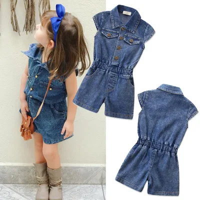 

Children's clothing simple style fashion new girls sleeveless denim jumpsuit girls clothes