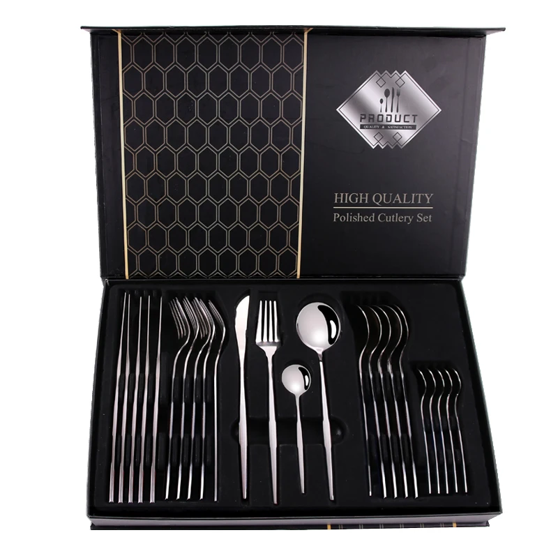 

Amazon Hot Selling 24 Piece Stainless Steel Gold Plated Cutlery Set Flatware Set with Color Gift Box For Weeding Party, Silver, gold, rose gold, black, pink, blue, green