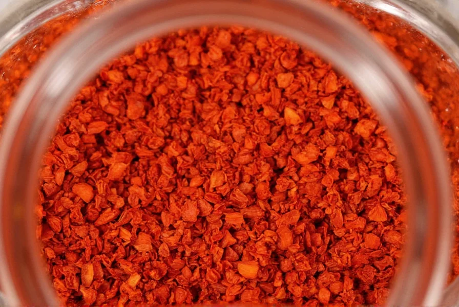 Close-up of red pepper flakes in a glass spice jar showing vibrant red color and texture