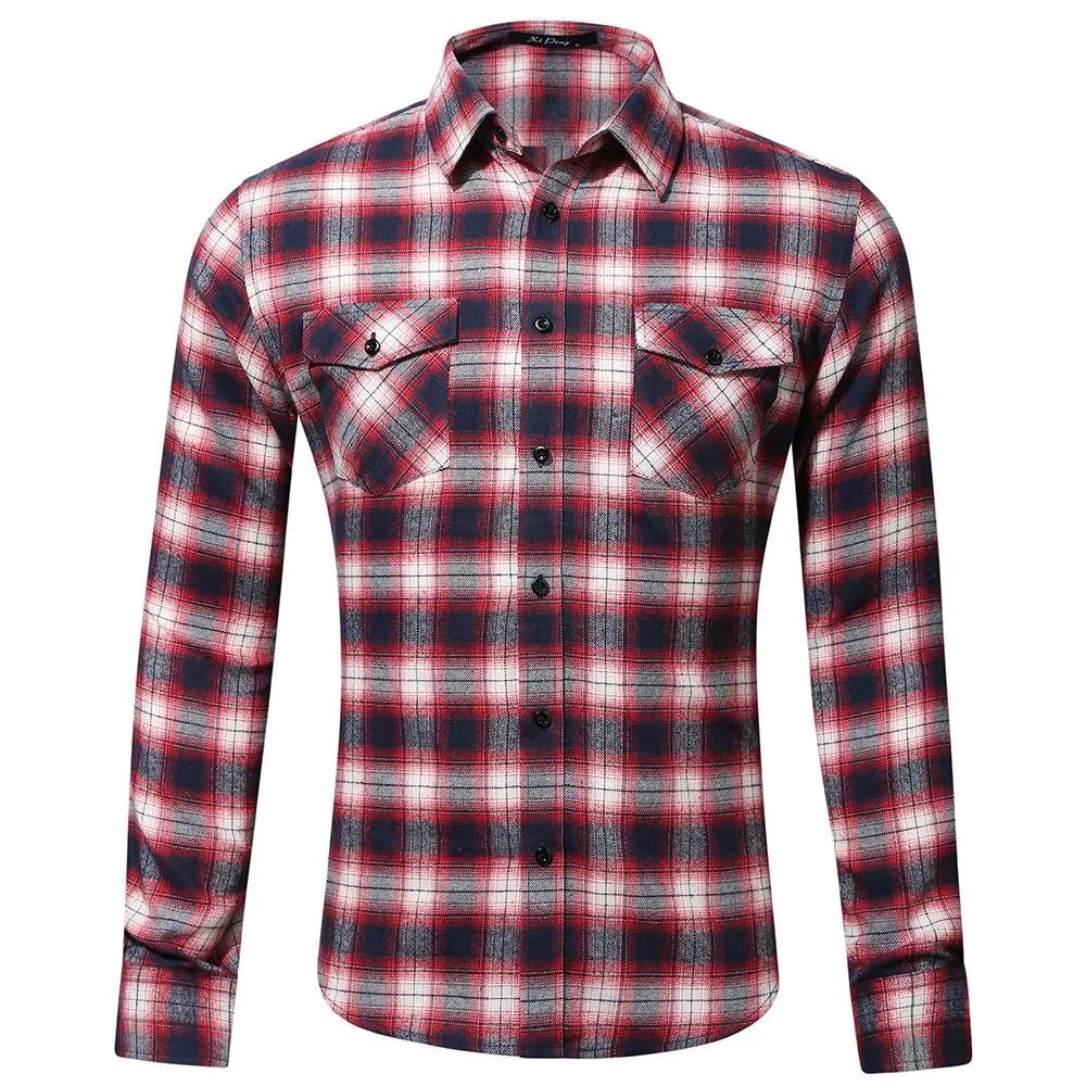 

European and American men's cotton farad plaid size double bag long sleeve shirt