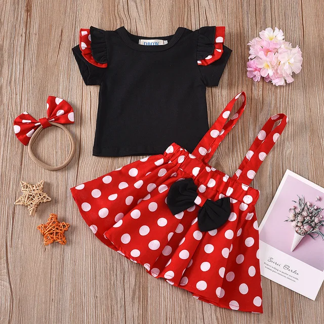 

New Kids Black Shirt Headband Dot Strap Dress3Pcs Suits Summer Girls' Sleeveless Clothing Sets, Picture