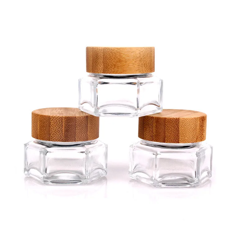 

Unique Empty 30ml Cosmetic Packaging Hexagonal Cream Glass Jars with Bamboo Lids