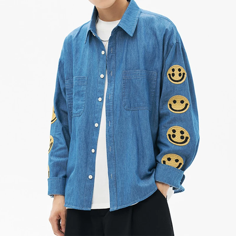 

Ins fashion oversize hip hop style embroidery smiley face coat loose large size smile face t shirt jeans denim jackets for men