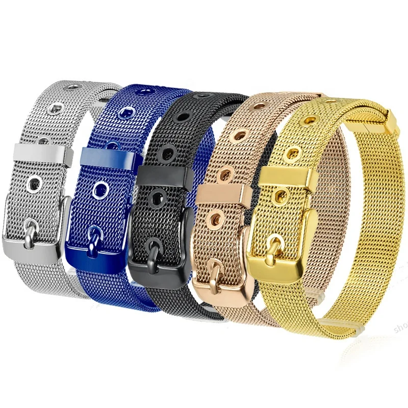 

2020 High Polished Custom Logo Colorful Watch Strap Wristband Stainless Steel Jewelry Adjustable Size Buckle Mesh Bracelet, Silver,gold,rose gold,black,multi color
