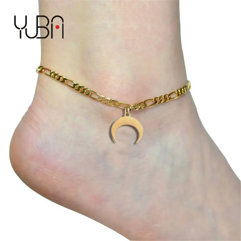 

Classic Ethnic Gold Color Figaro Horn Crescent Charm Anklet 316L Stainless Steel Half Moon Figaro Chain Ankles