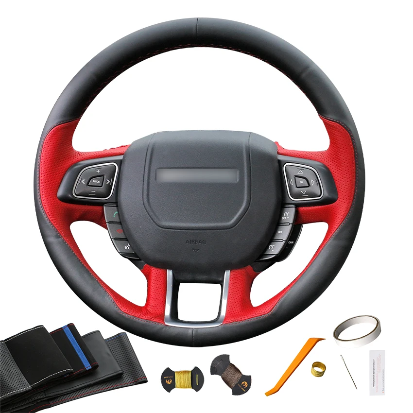 

Custom Hand Sewing Red Black Leather Steering Wheel Cover for Land Rover Rover Evoque 2012 2013 2014 2015 2016