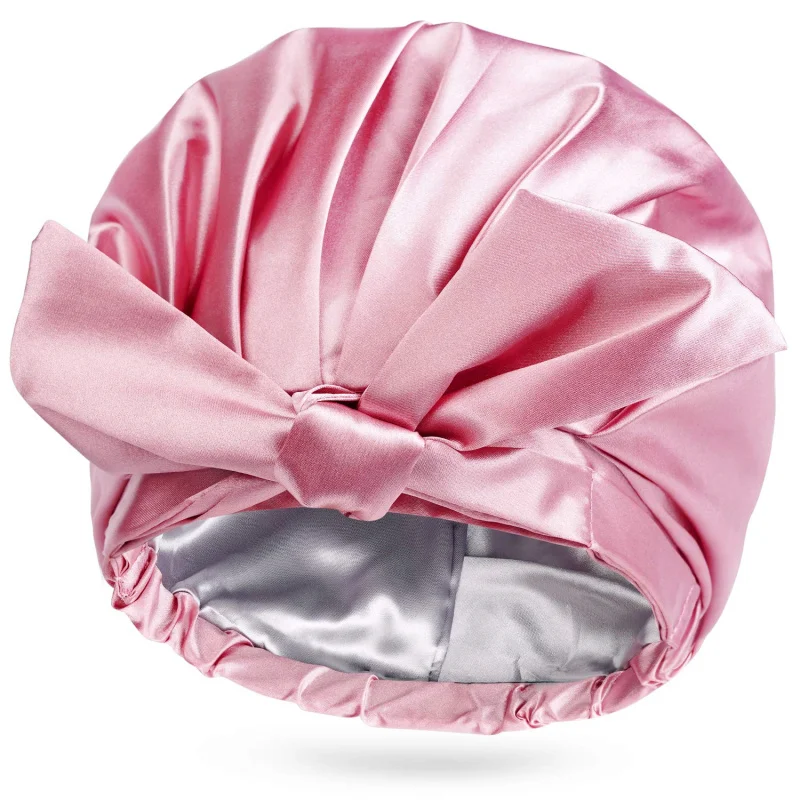 

HZM-19005 Silky Satin Lined Shower Cap Waterproof Reusable Adjustable Large Shower Cap Bath Hair Hat for Women Long Hair
