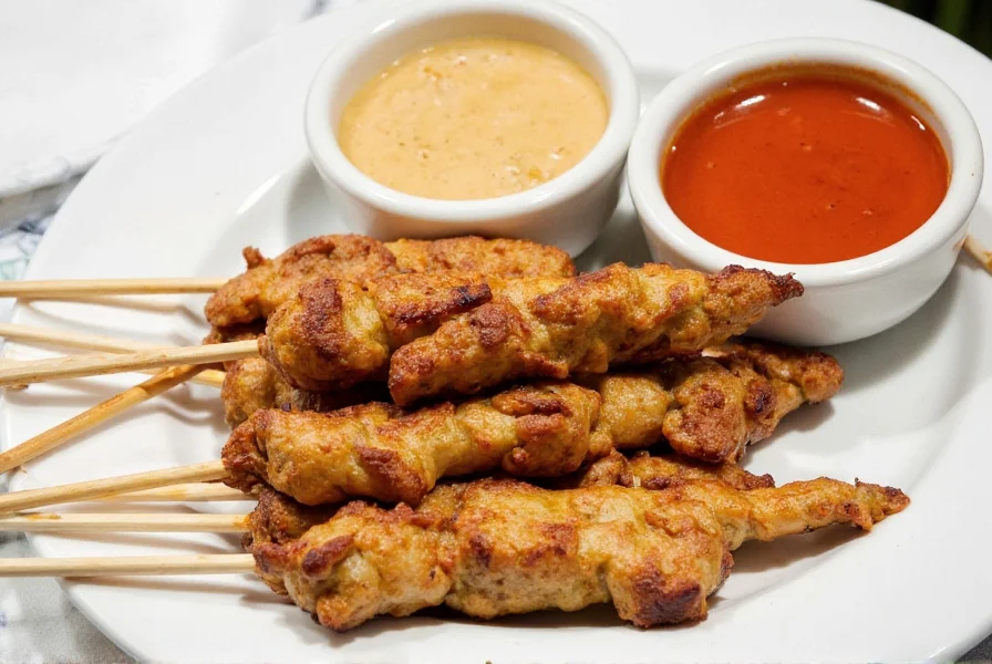 Assorted satay platter with multiple peanut sauces