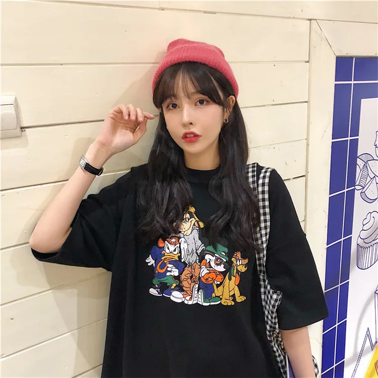 

Spring 2021 new matte cotton cartoon print loose large short sleeve T-shirt women casual fashion T-shirt top women, White