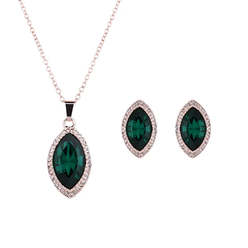 

European Luxury Women Jewelry Full Crystal Rhinestone Gemstone Necklace Earring Set Green Waterdrop Link Chain Pendant Necklace, Picture